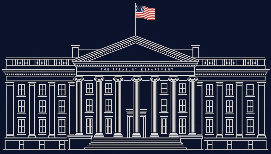 Historic U.S. Treasury Building exterior with large banner reading One Year at Treasury 2025, commemorating Secretary Bessent's first year of service