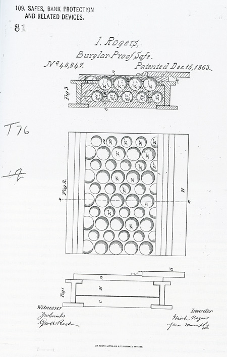 Black and white drawing of patent for a burglar proof vault
