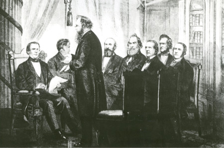 Black and white drawing of first meeting of Johnson's Cabinet in the Treasury's West Wing after the assassination of Lincoln
