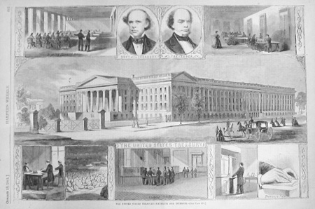 Black and white engraving of Secretary Chase and Treasurer Spinner with interior vignette images of the Treasury as a factory of currency production
