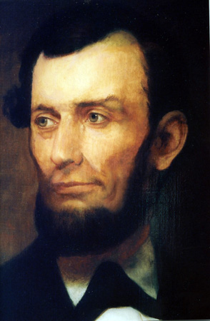 Oil portrait close-up view of Abraham Lincoln's face.