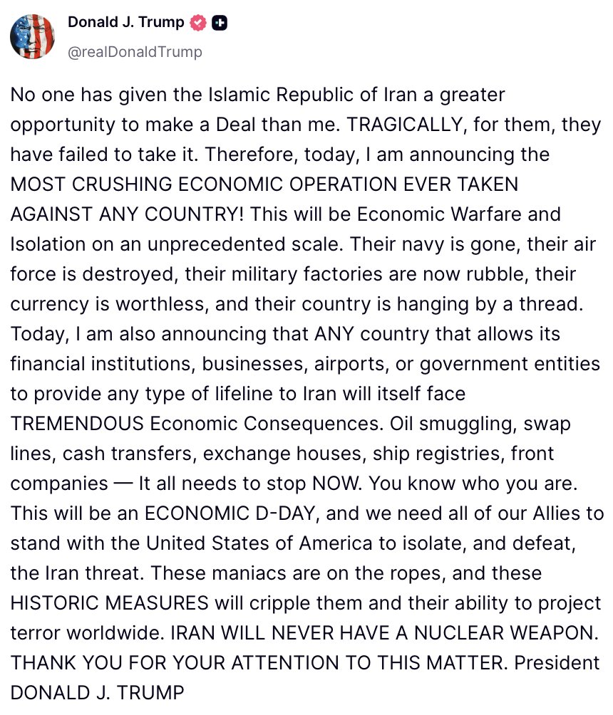 Screenshot of a post from Donald J. Trump announcing crushing economic measures against Iran.