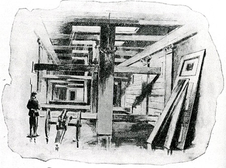 Black and white drawing of the barricade in the basement of the West Wing