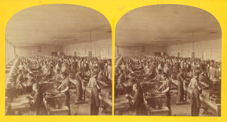 Stereoscopic card of women printing currency in the Treasury