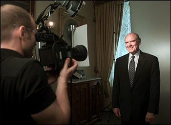 Treasury Secretary John Snow poses for a photo shoot for Fortune Magazine by photographer Evan Kafka Redux