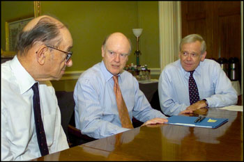Treasury Secretary John Snow, Federal Reserve Chairman Alan Greenspan, and Securities and Exchange Chairman William Donaldson during at a meeting of the President's Working Group on Financial Markets at the Treasury Department today