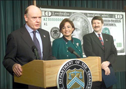 Treasury Secretary John W. Snow and U.S. Treasurer Rosario Marin provided their signatures to the Bureau of Engraving and Printing (BEP) for use on Series 2003 U.S. paper currency.