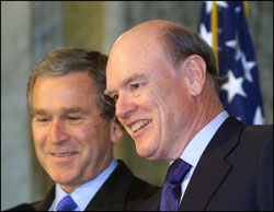 President Bush during the swearing in of the 73rd Treasury Secretary, John Snow.