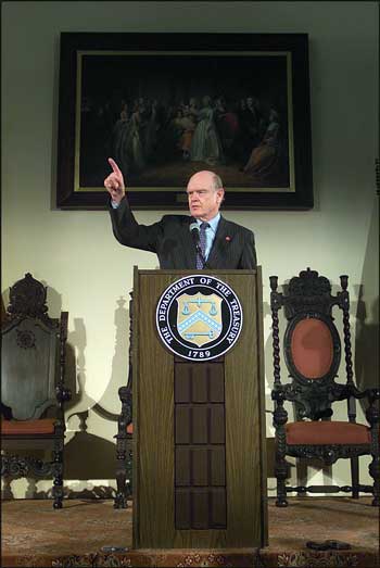 Secretary John Snow takes media questions at the post- G-7 press conference, April 16