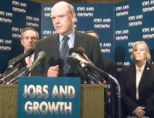 Treasury Secretary John Snow joins House and Senate leaders at a press conference on Capitol Hill to promote President Bush's jobs and growth package.