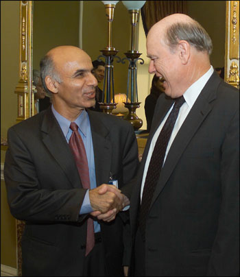 Treasury Secretary John Snow meets with Afghan Finance Minister Dr. Ashraf Ghani to discuss the progress of economic reconstruction in Afghanistan.