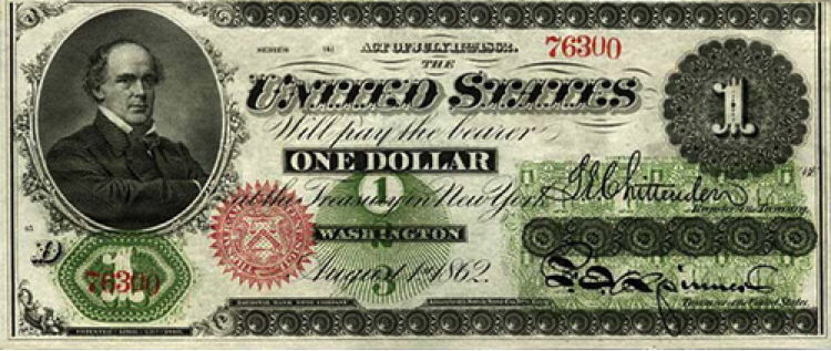 $1 bill with engraving of Samuel Chase.