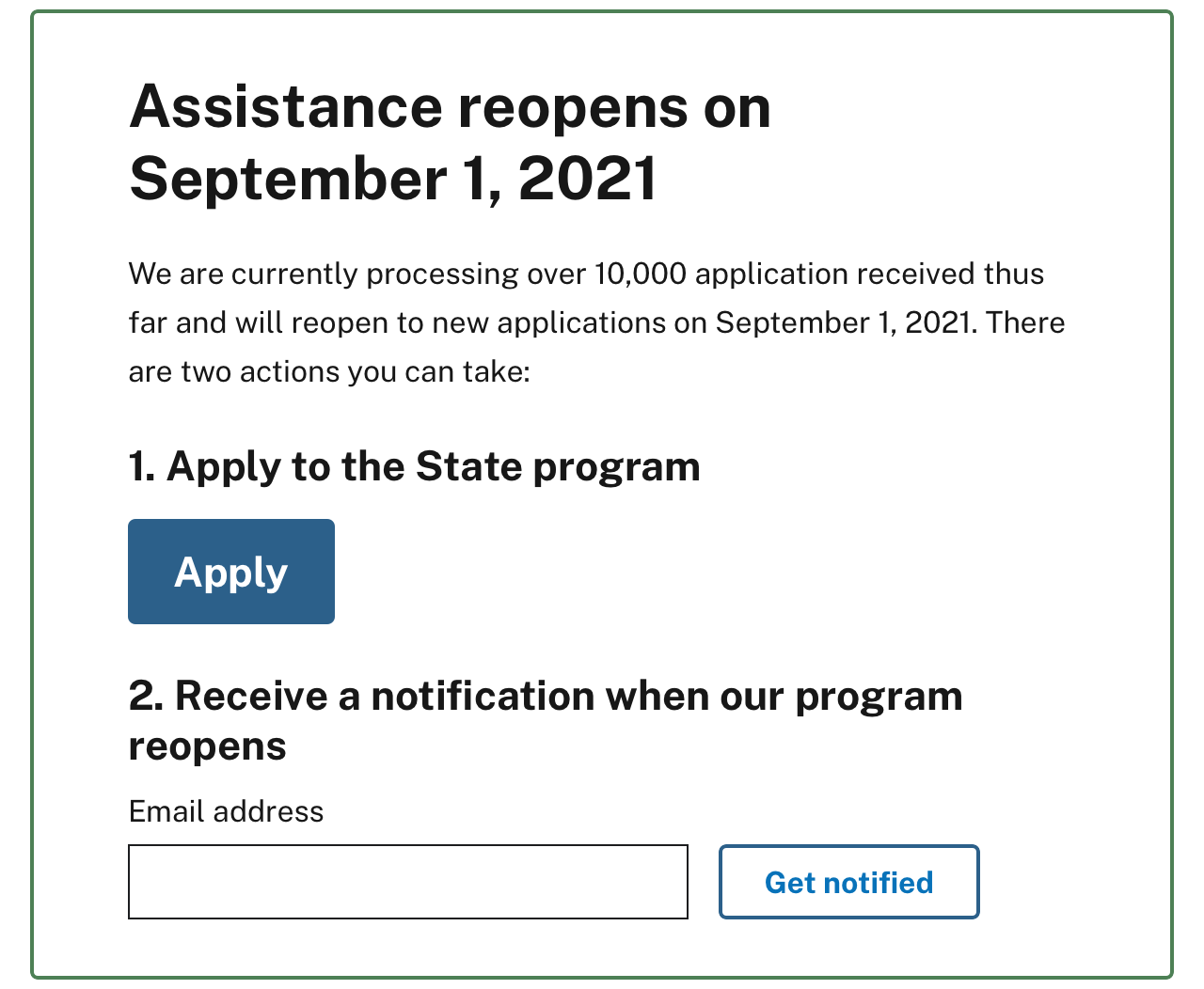 A mock up of a screen that tells applicants that the ERA program is closed but also when the program will reopen, where else they might apply, and how to be notified when applications open again.