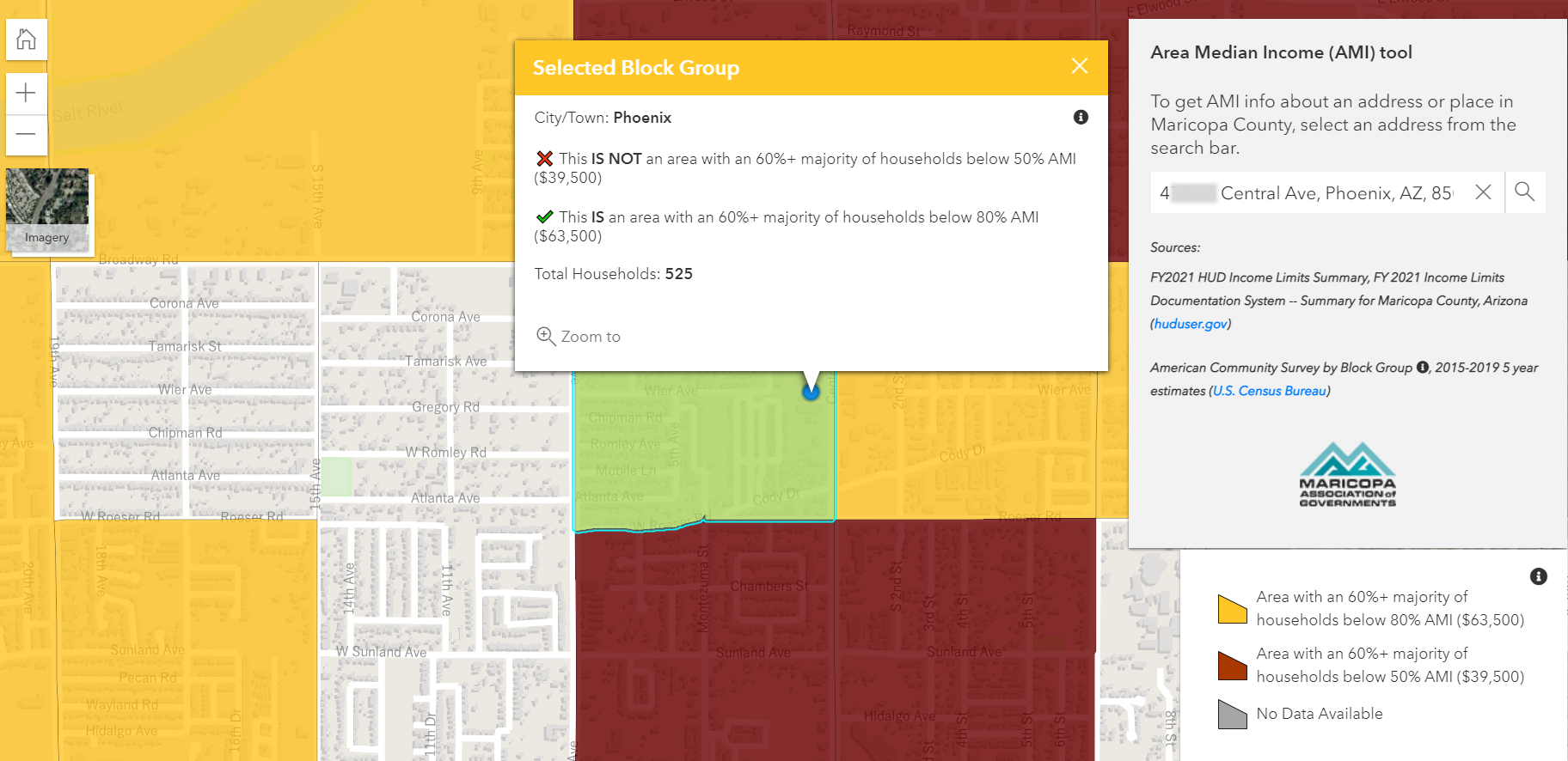 A screenshot of the Phoenix, AZ AMI tool for looking up addresses to determine the AMI of a Census block group.