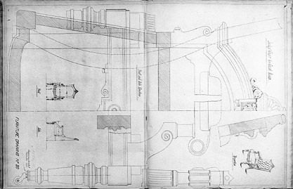 black and white photograph of a two page spread of the furniture drawing folio of the Supervising Architects Office