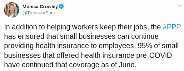Monica Crowley @TreasurySpox: In addition to helping workers keep their jobs, the #PPP has ensured that small businesses can continue providing health insurance to employees. 95% of small businesses that offered health insurance pre-COVID have continued that coverage as of June. Source: Twitter