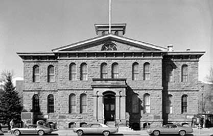 Caron City Mint Building, black and white, front entrance