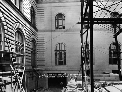 Black and white photograph of Denver Mint building during construction