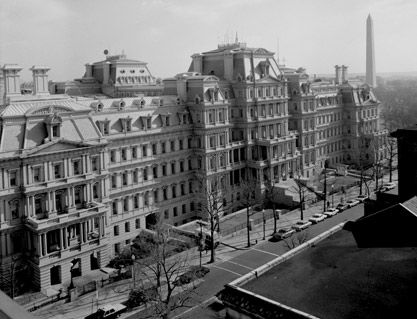 Black and white photograph of Eisenhower Executive Office Building in Washington D.C.