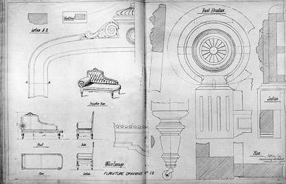 Black and white photograph of a sketchbook folio of furniture drawings