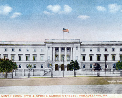 Tinted color postcard of the third Philadelphia Mint.