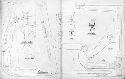 A black and white drawing of the furniture designs for a revolving chair