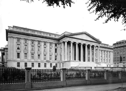 Black and white photograph of South Wing of Main Treasury Building in Washington D.C.